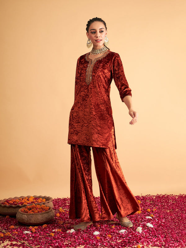 Women's Rust Velvet Sequence Embroidered Short Kurta - Lyush