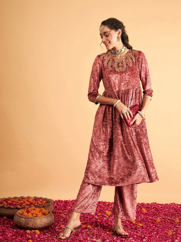 Women's Pink Neck Embroidered Velvet Gathered Kurta - Lyush