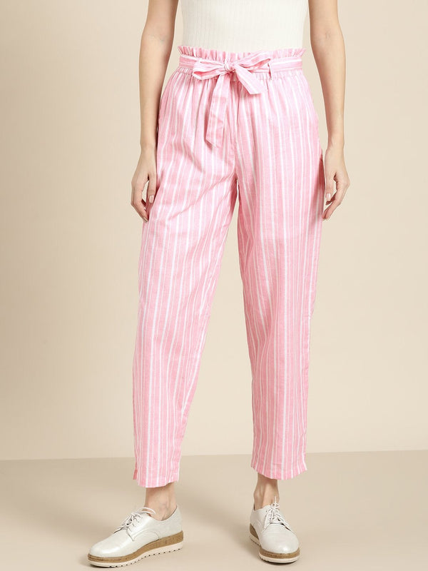 Women's Pink Stripes Paper Bag Pants - SASSAFRAS