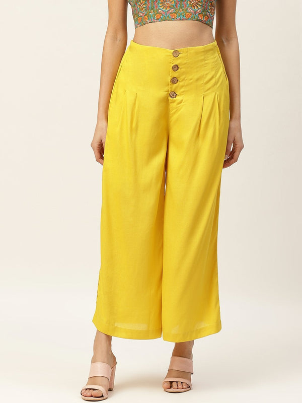 Women's Yellow Front Button Pleated Culottes - SASSAFRAS