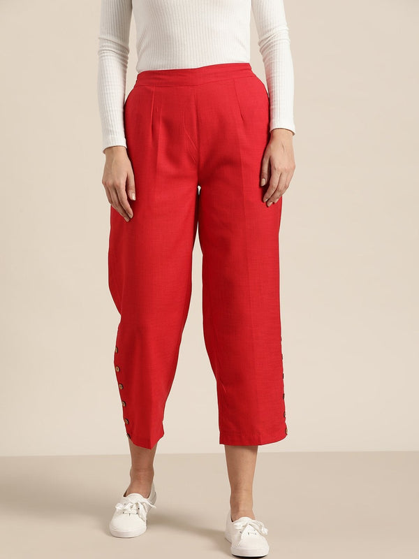 Women's Red Side Button Placket Pants - SHAE