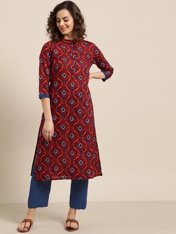 Women's Red Ikat Kurta With Navy Pants - SHAE