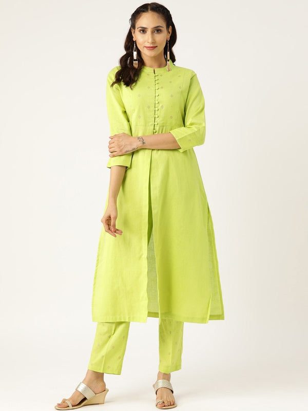 Women's Lime Green Dot Foil Straight Yoke Kurta Set - SHAE