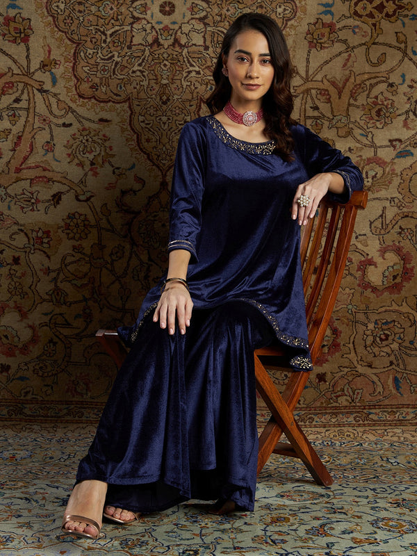 Women's Navy Velvet Zari Kurta With Bell Bottom Pants - Lyush