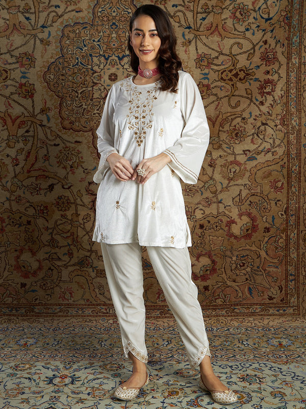 Women's White Velvet Zari Short Kurta With Tulip Pants - Lyush