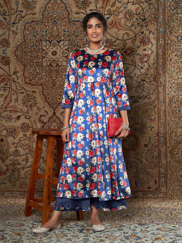 Women's Royal Blue Floral Velvet Kurta With Palazzo Pants - Lyush