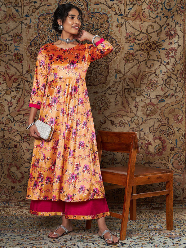 Women's Orange Floral Velvet Kurta With Palazzo Pants - Lyush