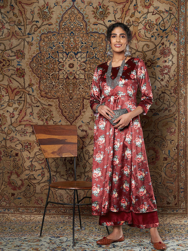 Women's Maroon Floral Velvet Kurta With Palazzo Pants - Lyush