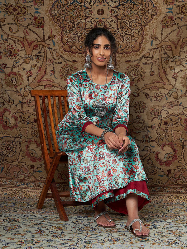 Women's Sea Green Floral Velvet Kurta With Palazzo Pants - Lyush