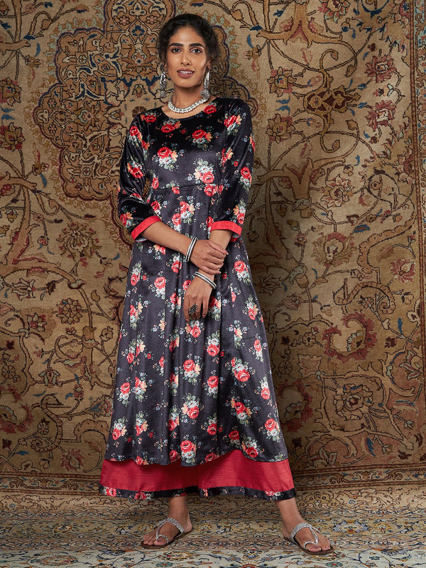 Women's Navy Floral Velvet Kurta With Palazzo Pants - Lyush