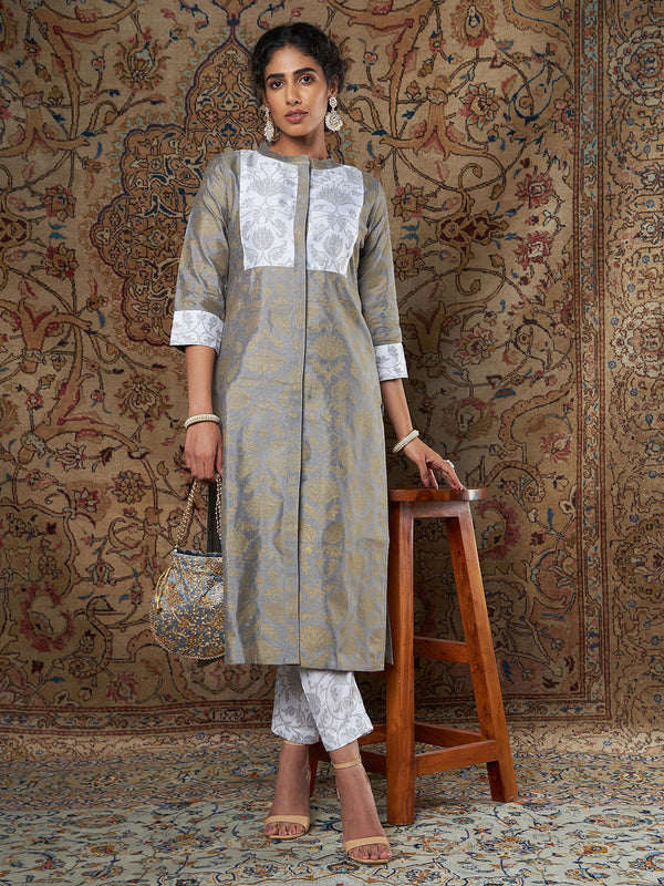 Women's Grey Brocade Floral Kurta With White Brocade Pants - Lyush