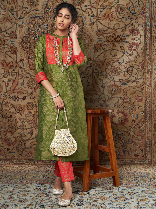 Women's Green Brocade Floral Kurta With Orange Brocade Pants - Lyush