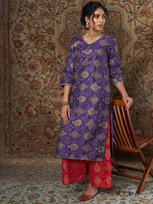 Women's Purple Brocade Floral Kurta With Red Brocade Palazzo - Lyush