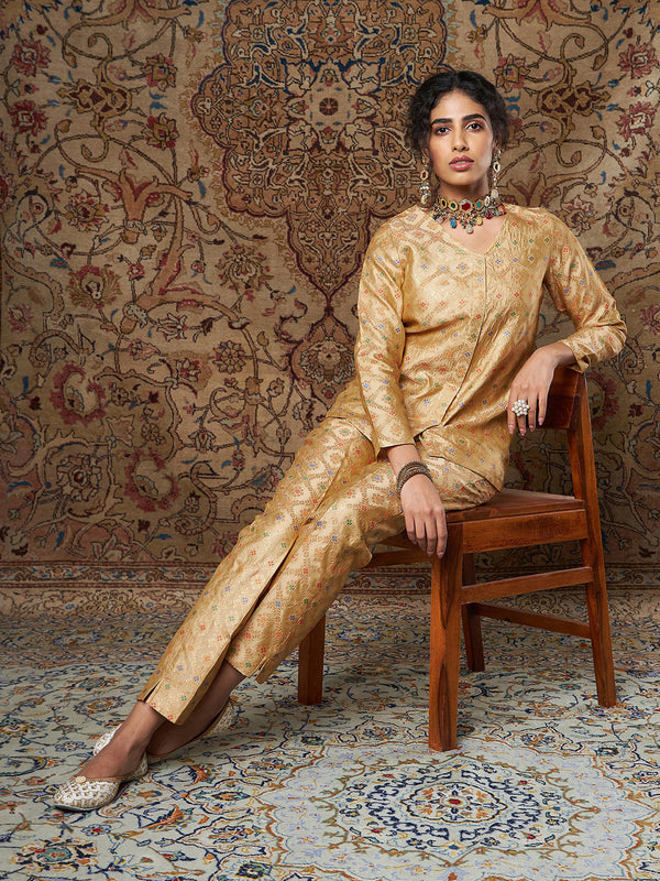 Women's Golden Indian Motif Brocade Shirt With Pants - Lyush