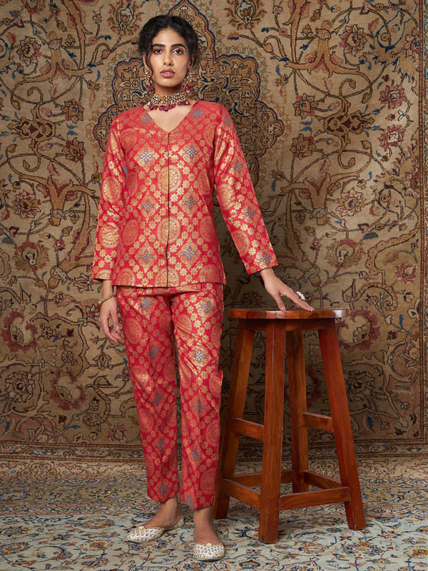 Women's Red Large Indian Motif Brocade Shirt With Pants - Lyush