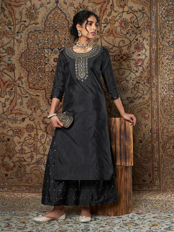 Women's Black Zari Embroidered Kurta With Palazzo Pants - Lyush