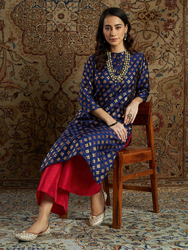 Women's Navy Geometric Brocade Kurta With Red Palazzo Pants - Lyush