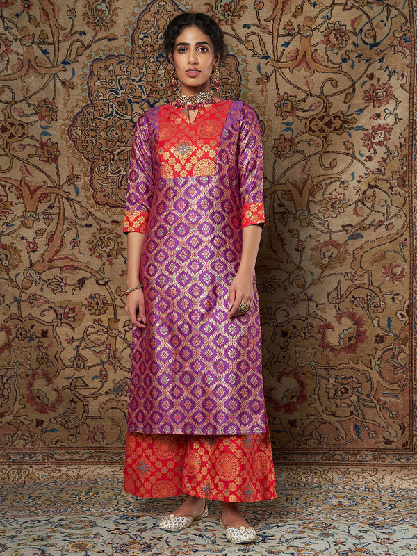 Women's Purple & Red Brocade Yoke Kurta With Brocade Pants - Lyush