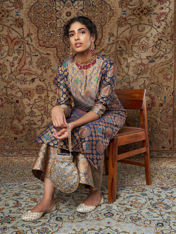 Women's Navy & Grey Brocade Yoke Kurta With Brocade Pants - Lyush