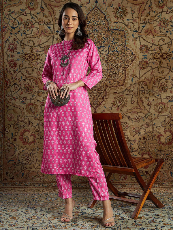 Women's Pink Satin Floral Straight Kurta With Pants - Lyush