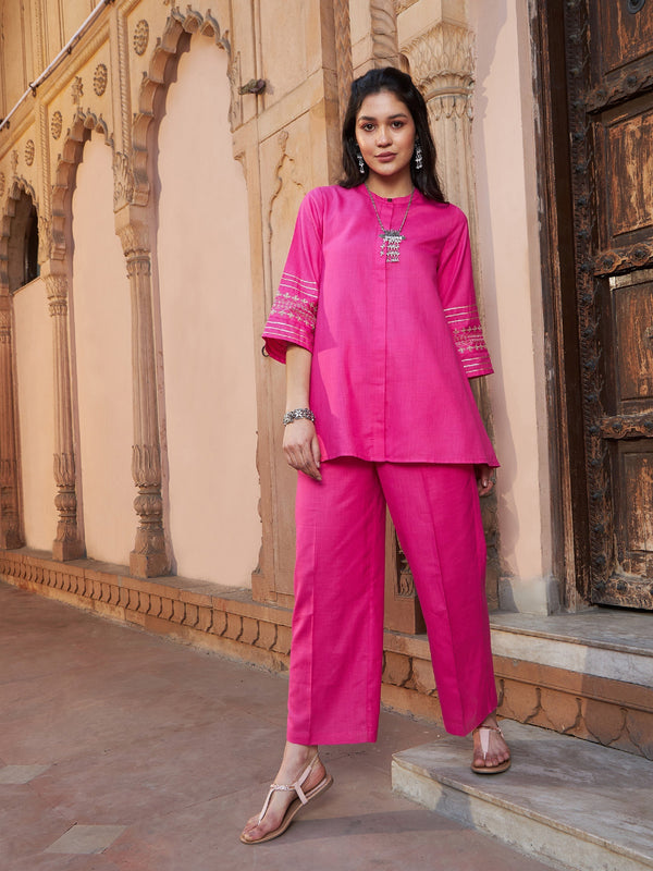 Women's Fuchsia Embroidered Sleeve Shirt Kurti With Palazzos - SASSAFRAS