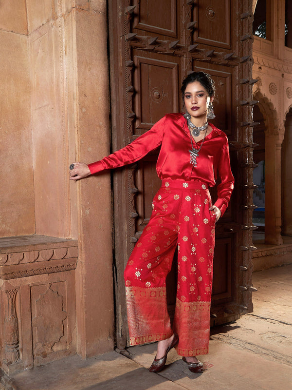 Women's Red Satin Shirt With Brocade Palazzos - SASSAFRAS