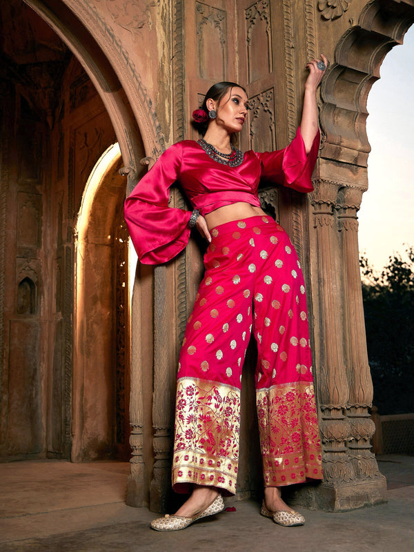 Women's Fuchsia Satin Wrap Crop Top With Brocade Palazzos - SASSAFRAS