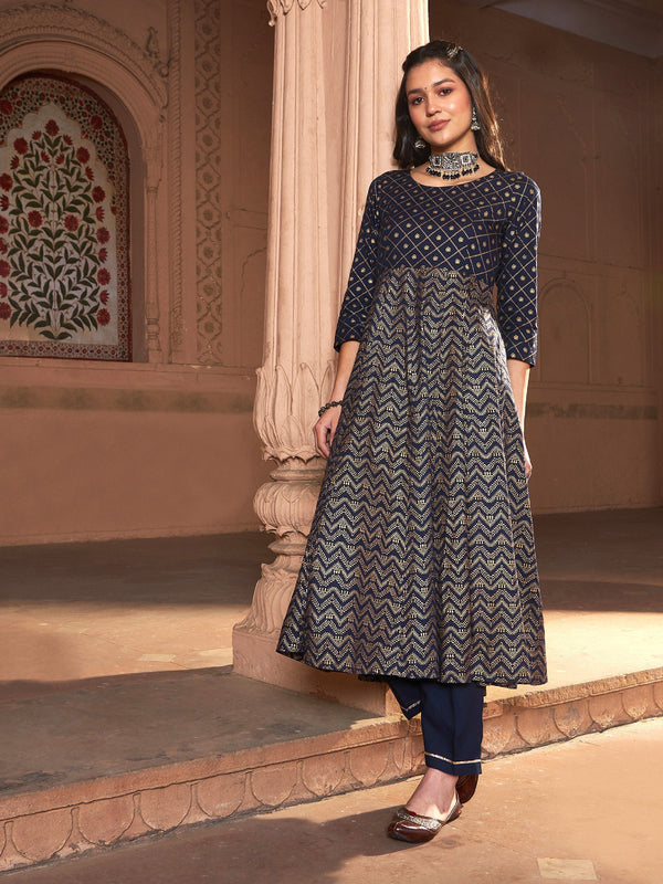 Women's Navy Chevron Foil Anarkali Kurta With Pants - SASSAFRAS