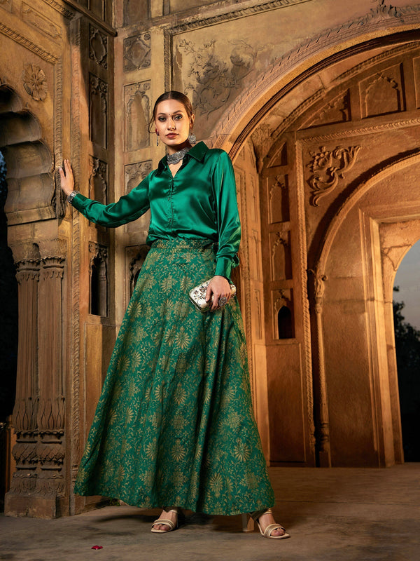 Women's Green Satin Shirt With Brocade Skirt - SASSAFRAS