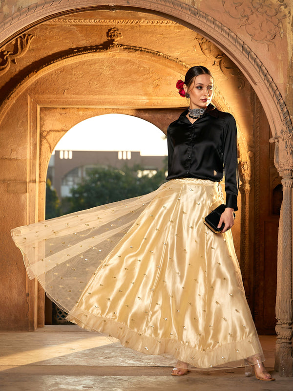 Women's Black Satin Shirt With Gold Tulle Sequin Skirt - Lyush