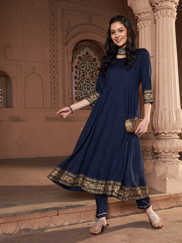 Women's Navy Floral Foil Border Anarkali Kurta With Pants - SASSAFRAS