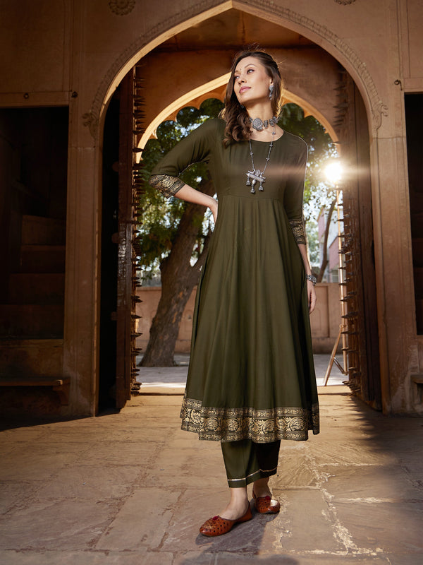 Women's Olive Floral Foil Border Anarkali Kurta With Pants - SASSAFRAS