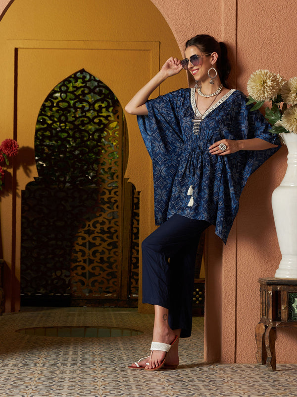 Women's Blue Floral Short Kaftan With Pants - SASSAFRAS