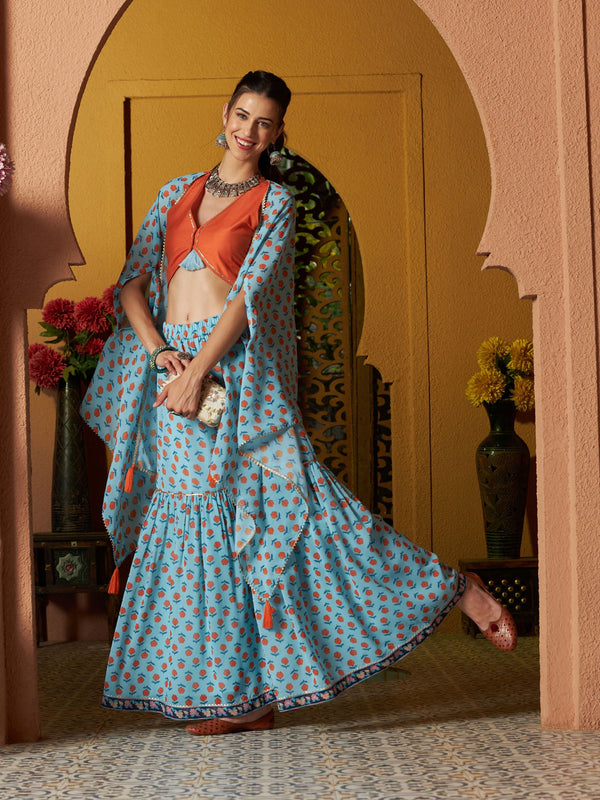 Women's Blue Floral Sharara with Cape and Orange Crop Top - SASSAFRAS