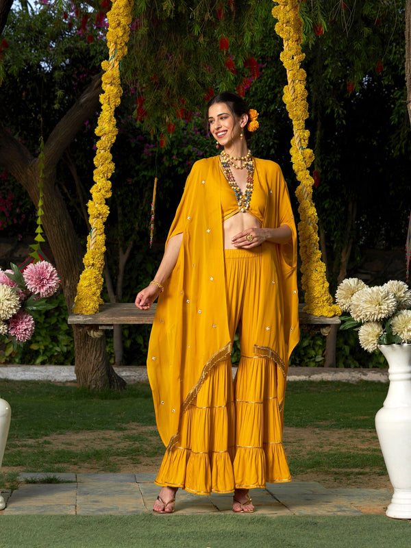 Women's Yellow Crop Top With Tiered Sharara And Emb Cape - SASSAFRAS