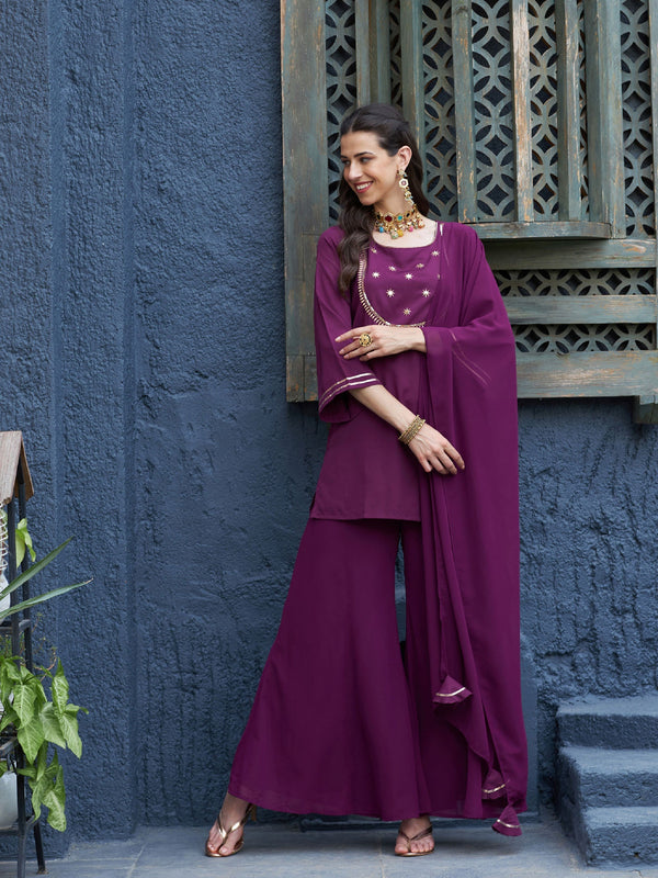 Women's Burgundy Emb Short Kurta With Palazzo And Dupatta - Lyush