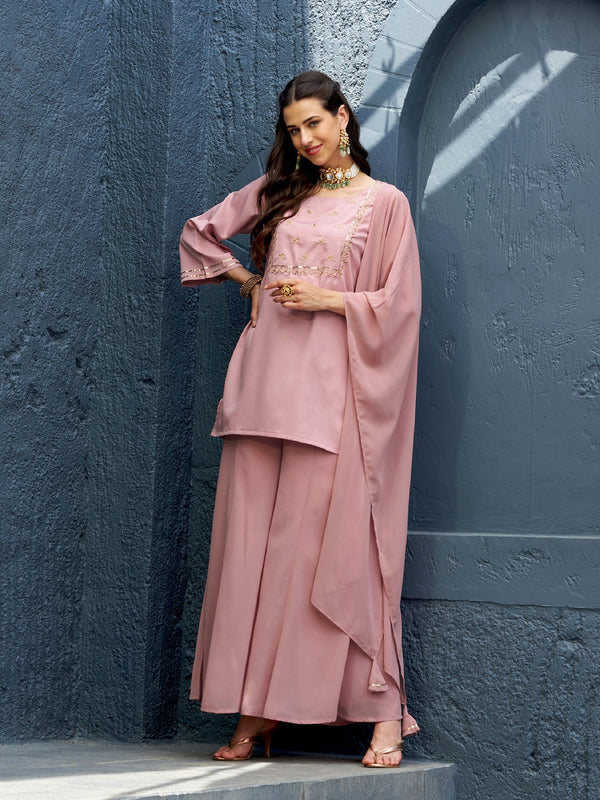 Women's Baked Pink EmbShort Kurta With Palazzo And Dupatta - SASSAFRAS