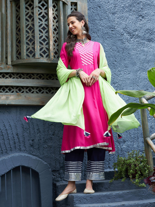 Women's Fuchsia & Navy Gota Anarkali Kurta Set With Green Dupatta - Lyush