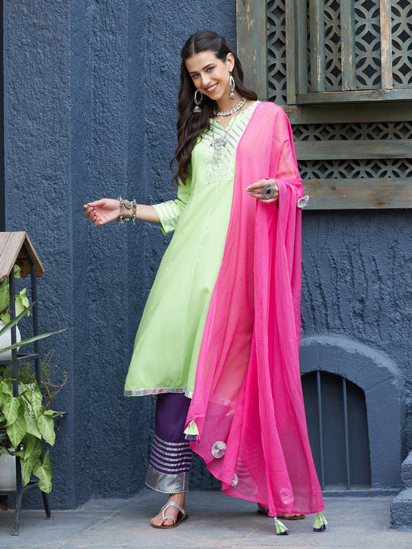 Women's Green & Purple Gota Anarkali Kurta Set With Fuchsia Dupatta - Lyush