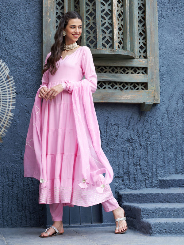 Women's Pink Tiered Kurta Set With Gota Dupatta - Lyush