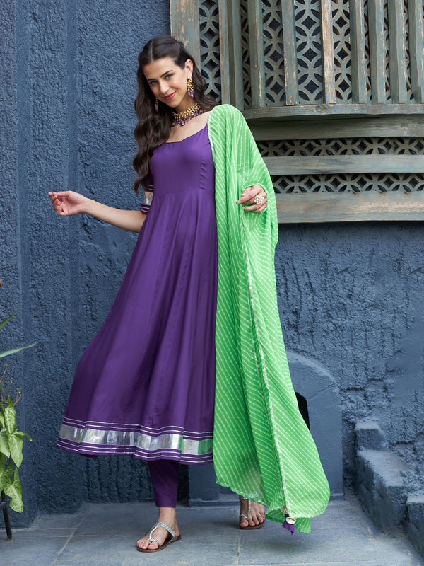 Women's Purple Anarkali Kurta Set With Green Lehariya Dupatta - Lyush