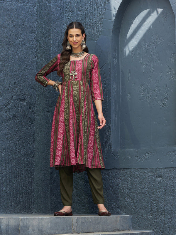 Women's Maroon Geo Floral Anarkali Kurta With Olive Pants - SASSAFRAS