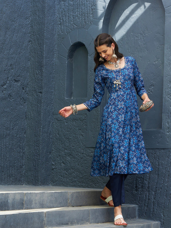 Women's Blue Floral Anarkali Kurta With Navy Pants - SASSAFRAS