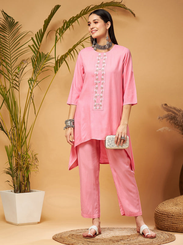 Women's Pink Embroidered High Low Kurta With Pants - Lyush