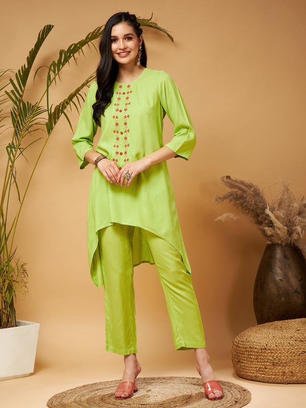 Women's Lime Green Embroidered High Low Kurta With Pants - Lyush