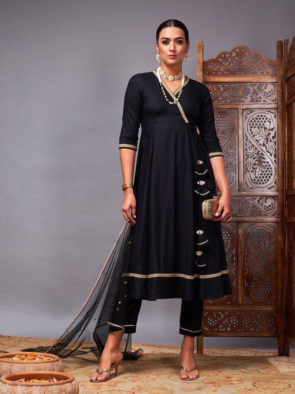 Women's Black Kurta Set With Net Sequins Dupatta - Lyush