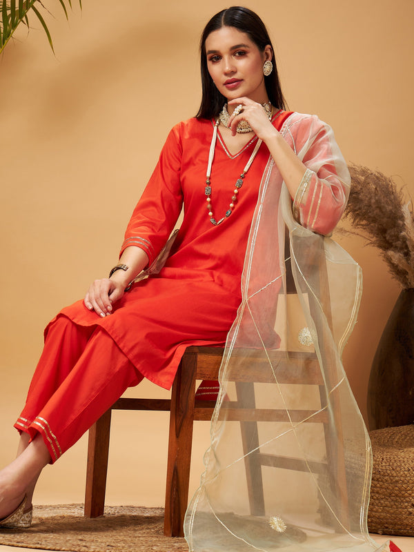 Women's Orange Kurta Set With Olive Organza Dupatta - Lyush