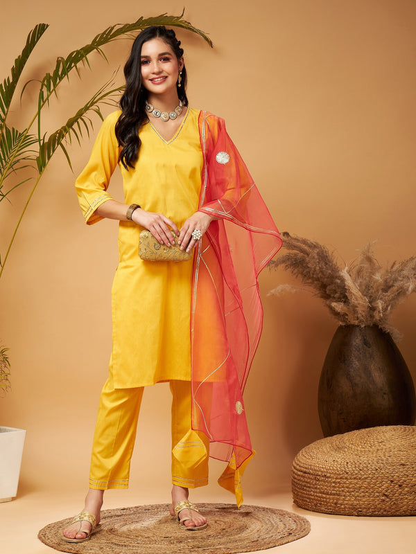 Women's Yellow Kurta Set With Rust Organza Dupatta - Lyush