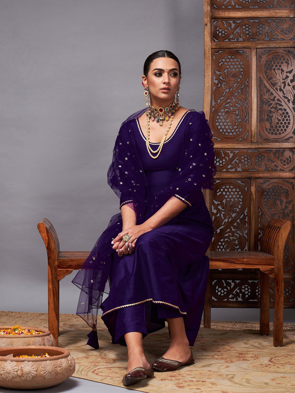 Women's Purple Kurta Set With Net Sequins Dupatta - Lyush