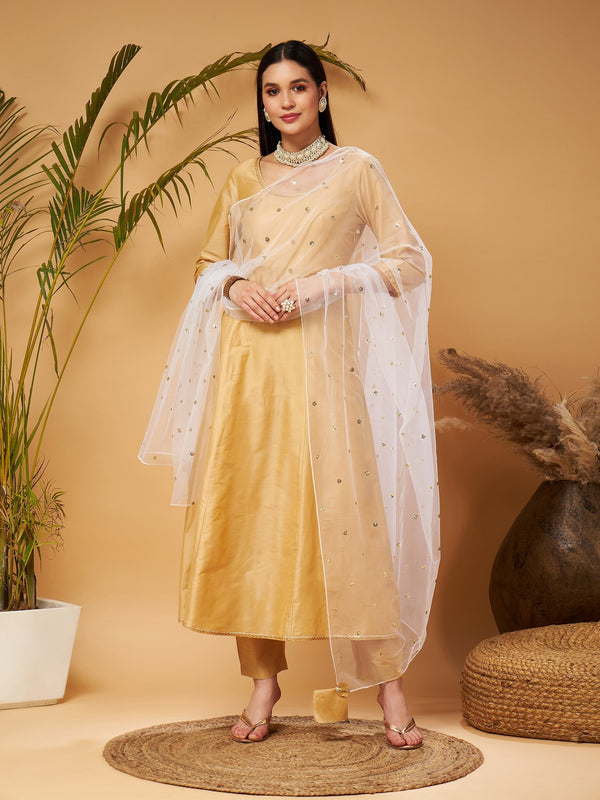 Women's Gold Kurta Set With White Net Sequins Dupatta - Lyush